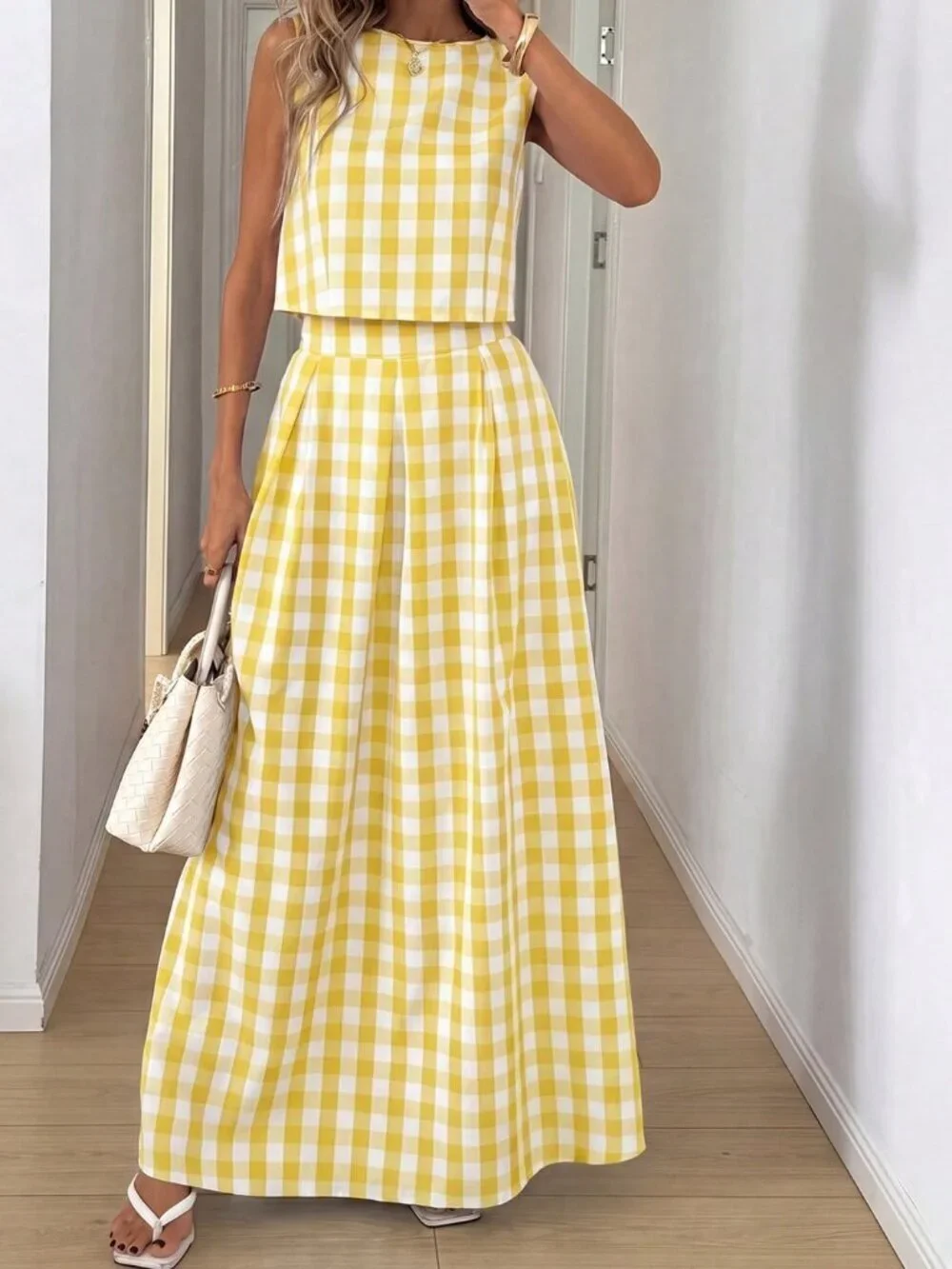 Yellow Casual Women's Plaid Sleeveless Top And Skirt Coord set